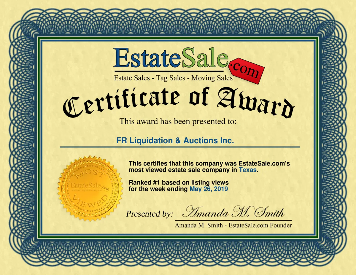 Certificate of Award most viewed estate sale company in Texas