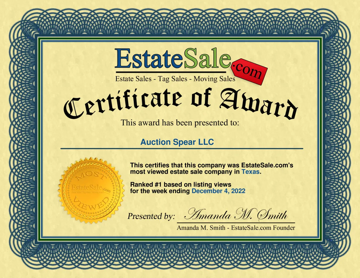 Certificate of Award most viewed estate sale company in Texas