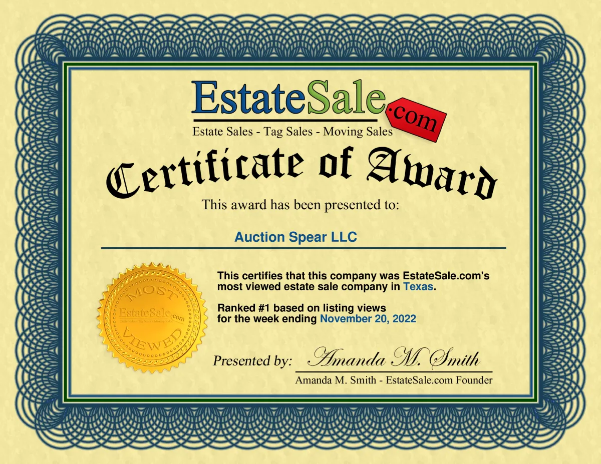 Certificate of Award most viewed estate sale company in Texas