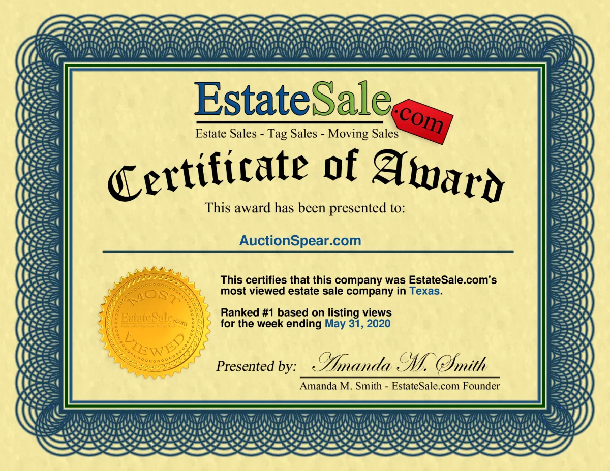 Certificate of Award most viewed estate sale company in Texas