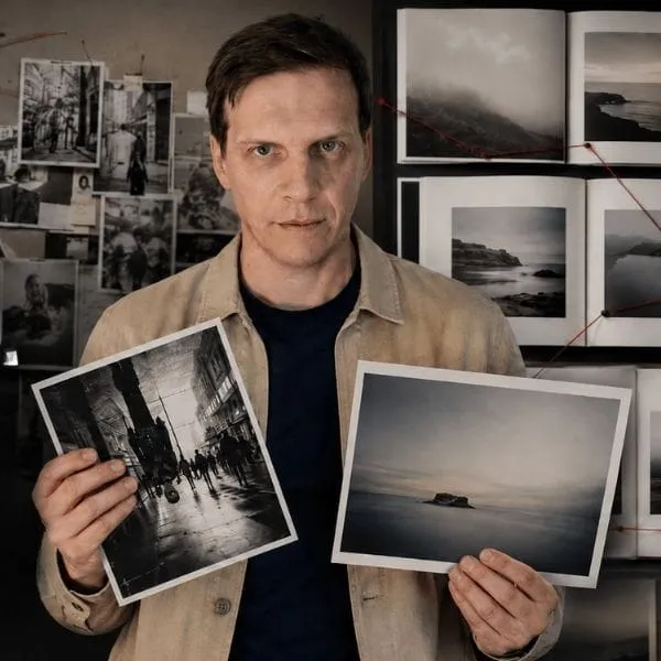 Man holding up two printed black and white photos.