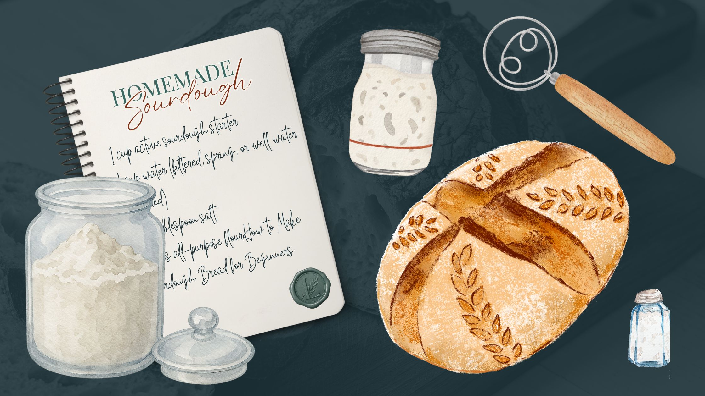 Illustrated graphic showing homemade sourdough bread, active starter jar, flour jar, dough whisk, and recipe notebook for how to make sourdough bread for beginners.