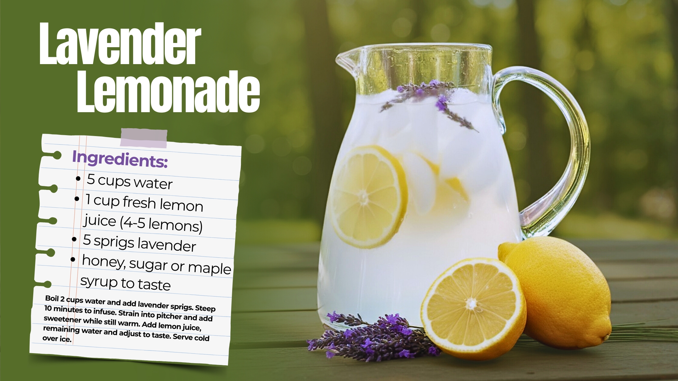 Lavender lemonade recipe card with ingredients beside a pitcher of homemade lavender lemonade with fresh lemons and lavender sprigs.