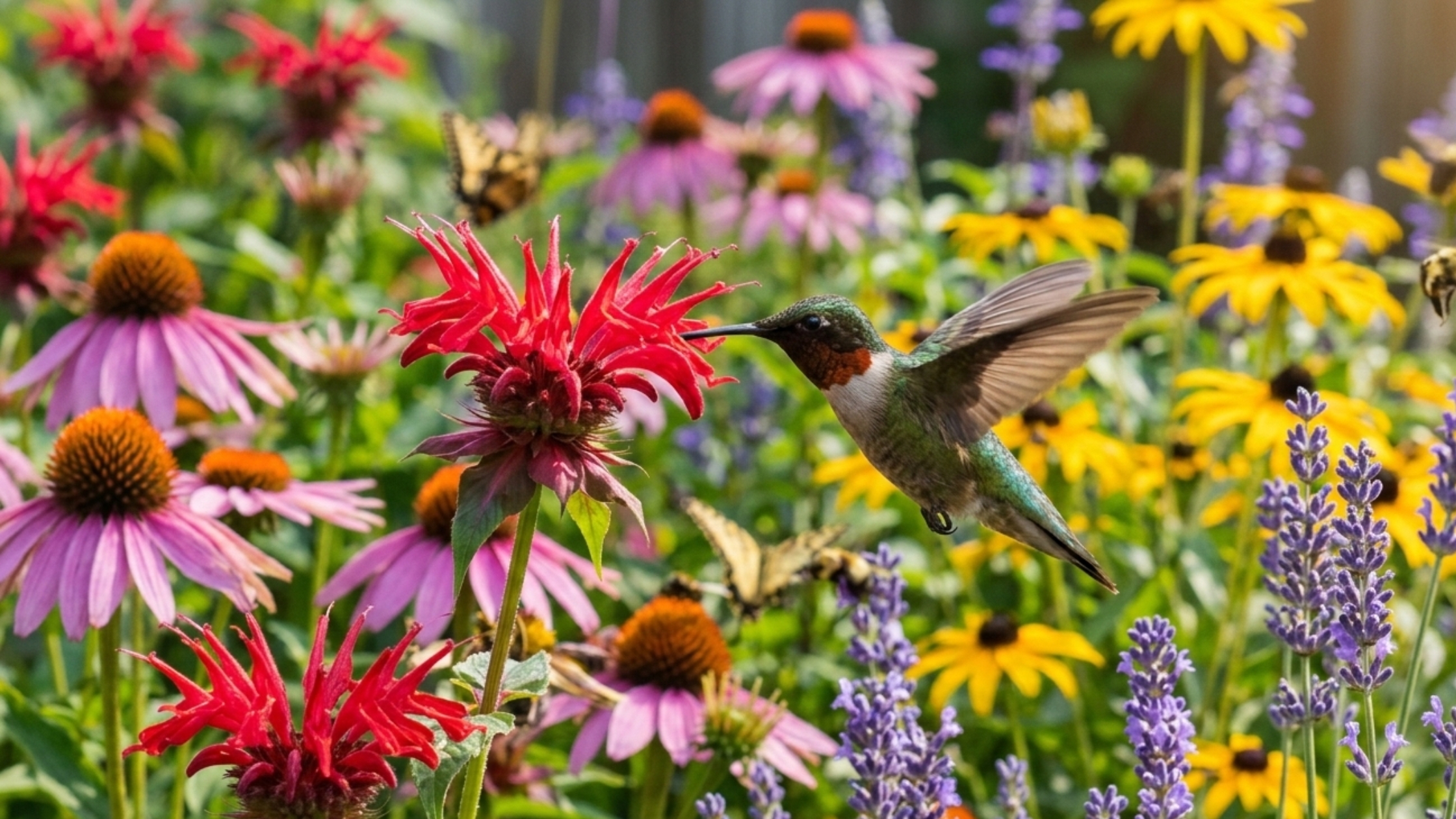 Hummingbird feeding on bright native flowers in a colorful pollinator garden filled with coneflowers, bee balm, and lavender