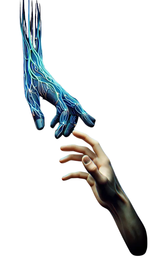 Illustration of a digital hand in azur color reaching out to a human hand, symbolizing the connection between technology and human support.