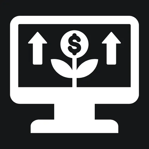 Icon of a computer screen with two arrows pointing up and a plant with a dollar sign, symbolizing online growth and business development.