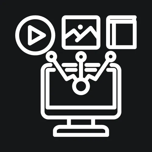 Desktop screen icon displaying various media types, symbolizing the range of innovative tools and digital marketing solutions offered.