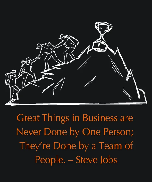 Illustration of a team climbing a mountain together, with a trophy at the peak, symbolizing the journey to success and the importance of teamwork in achieving great things.