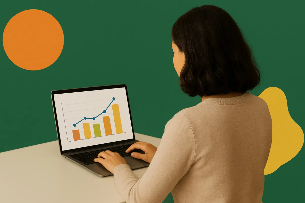 Woman working on her laptop, with a green background and some abstract shapes