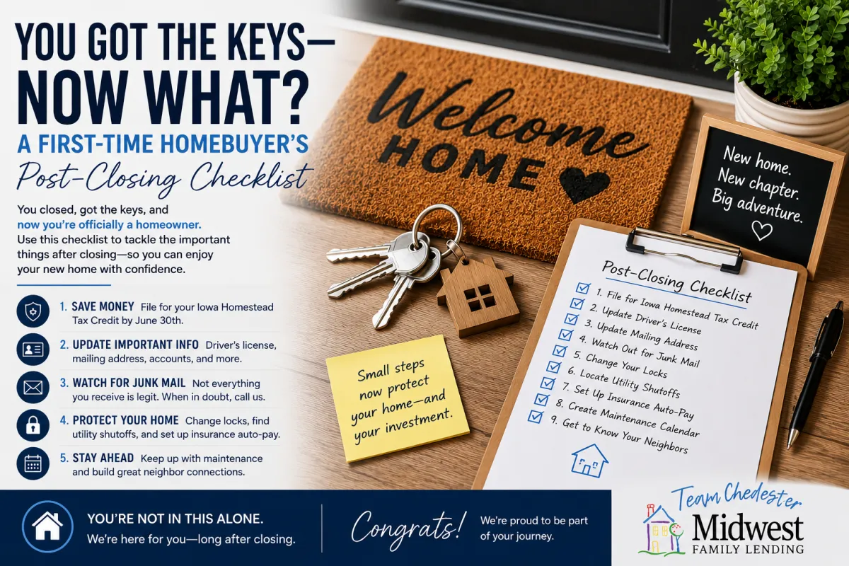 First-time homebuyer holding house keys after closing in Iowa