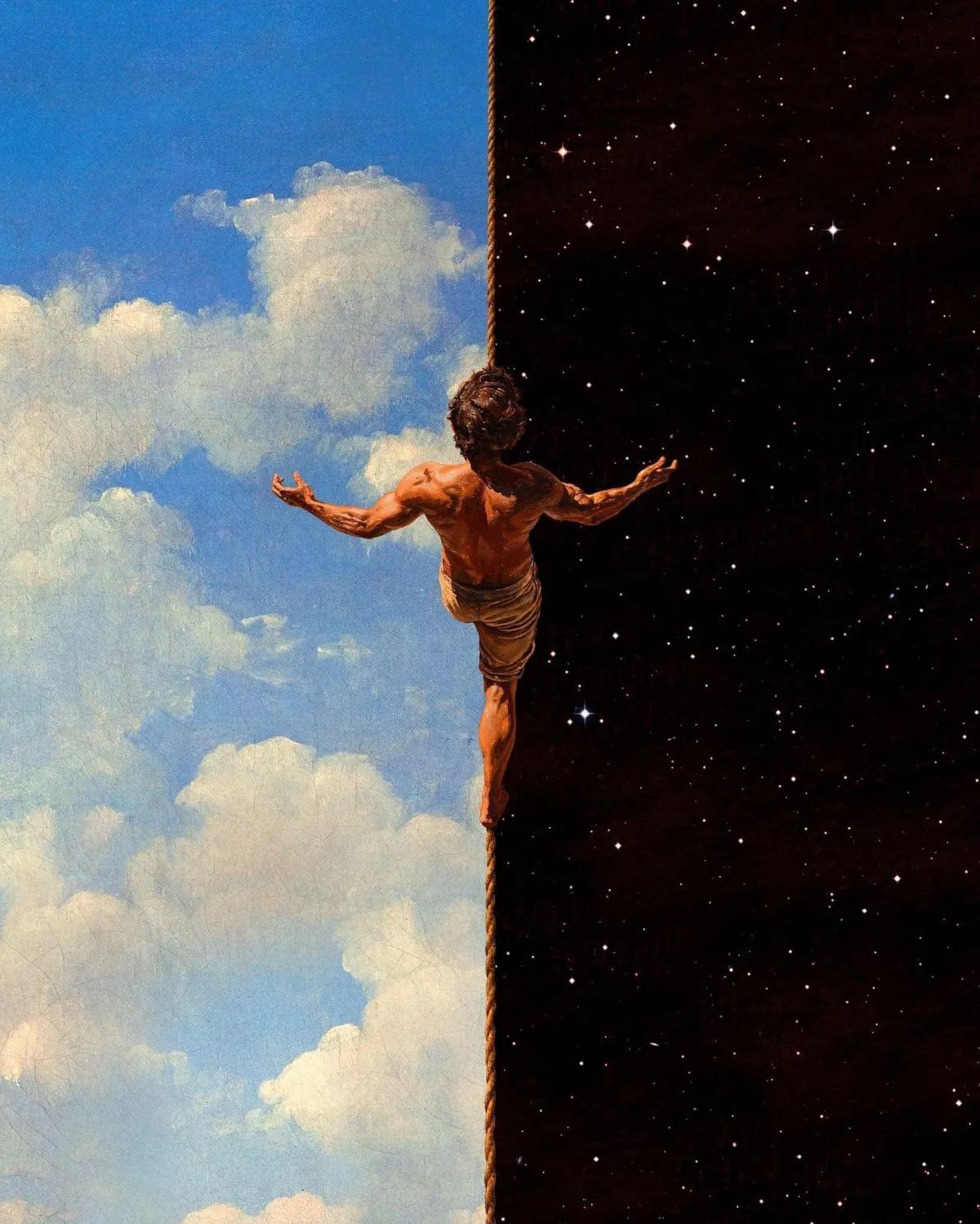 Person walking a line between the sy and space