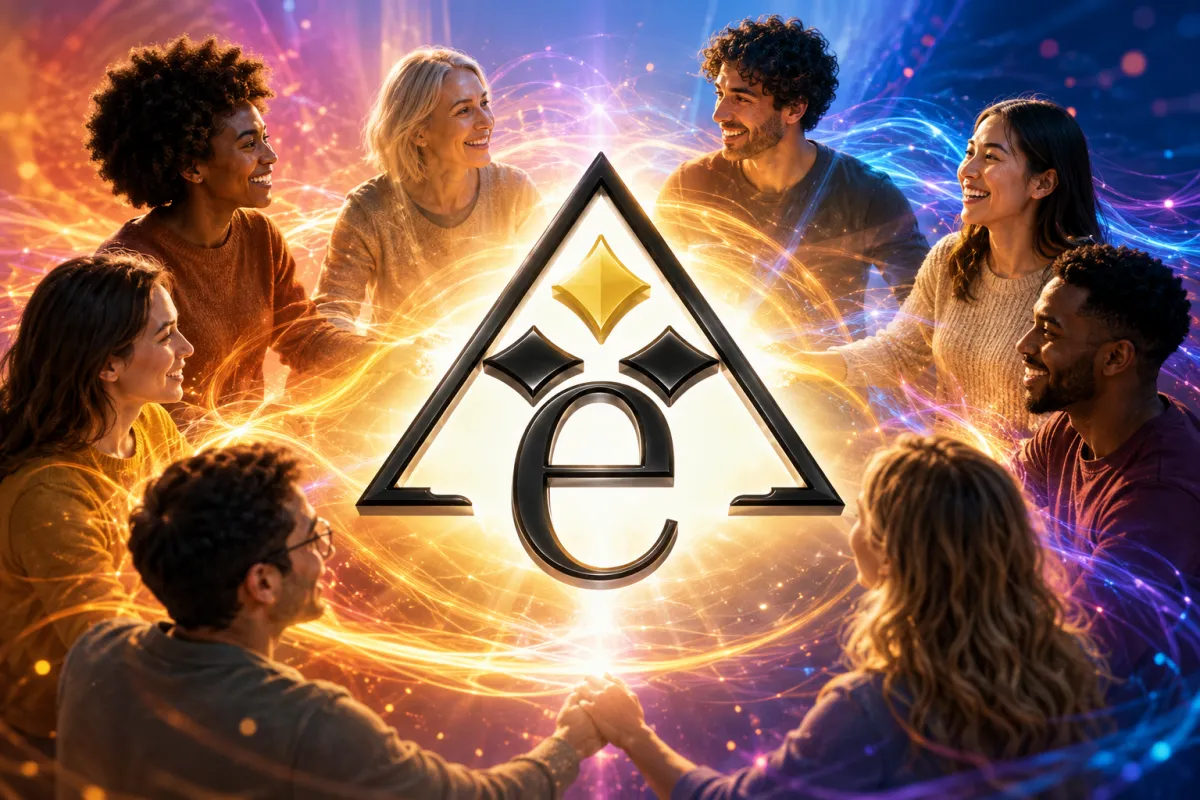 A diverse group of smiling people standing in a circle around the Energy of Creation logo, surrounded by glowing light trails that symbolize connection, unity, and shared healing.