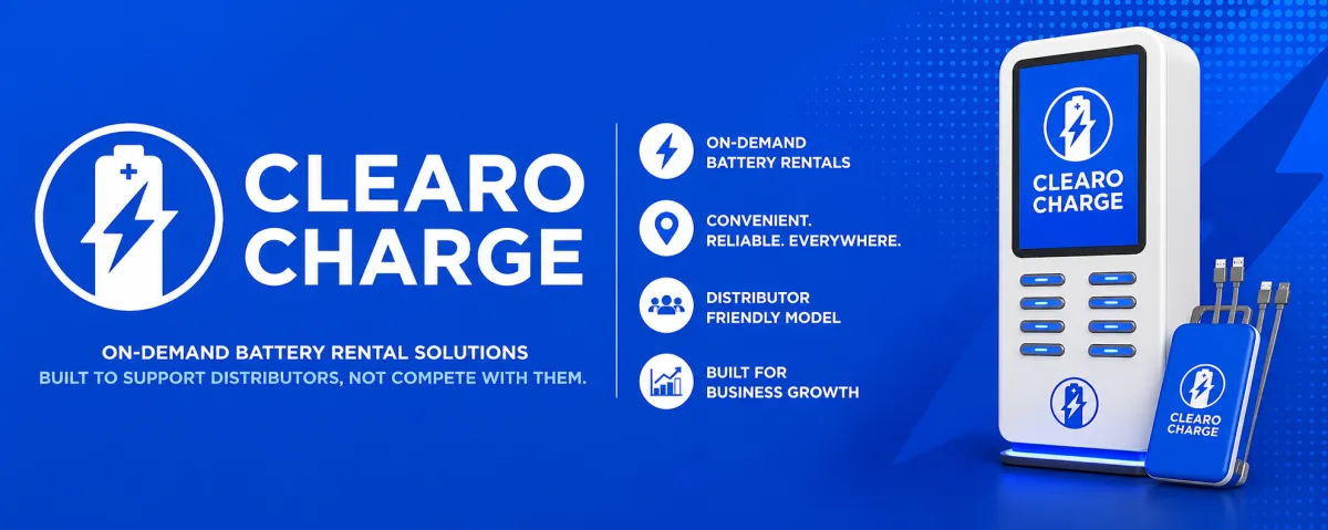 Clearo Charge approved artwork: battery rental station, portable battery, and distributor partnership messaging