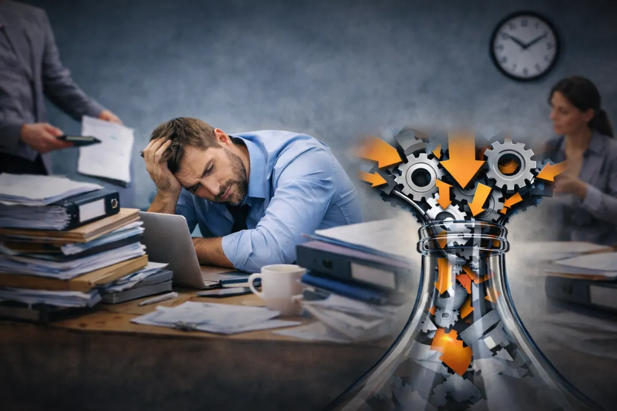 Stressed office worker surrounded by paperwork, symbolizing workload overload and business process pressure.