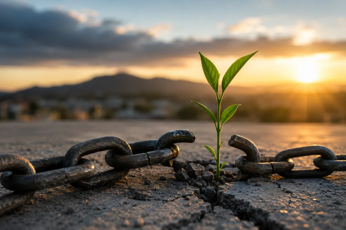 A small green sprout breaks through cracked concrete and rusted chains at sunset, symbolizing resilience, freedom, and growth emerging from restriction.