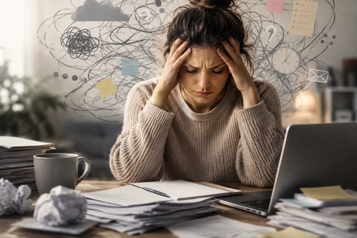 A stressed woman sitting at a cluttered desk with papers, a laptop, and scattered notes, holding her head while chaotic scribbles and floating symbols behind her represent overwhelm, stress, and mental overload.