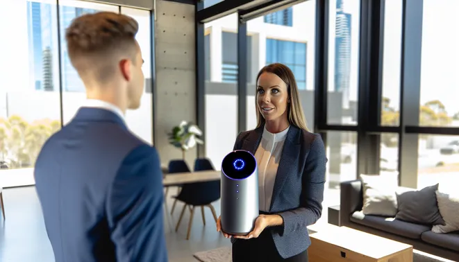 Real estate agent conversing with AI assistant in a modern Melbourne office space