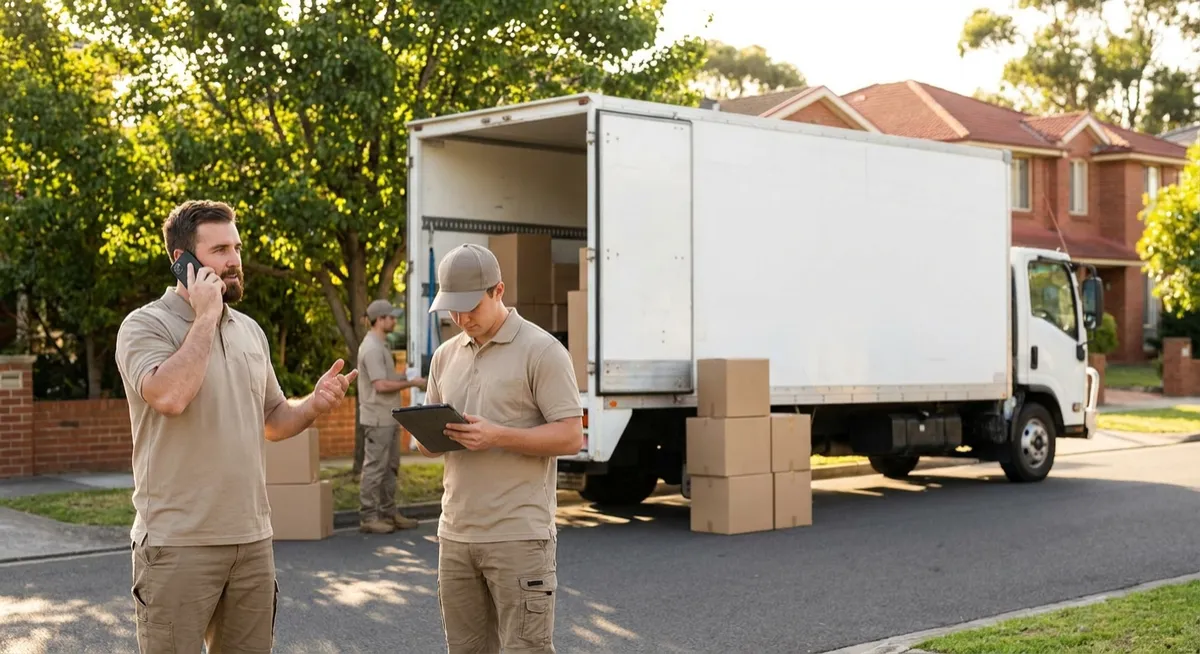 Australian removal crew loading truck for property managers, sunlit suburban street, mover on phone