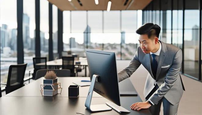 Real estate agent analyzing AI-driven CRM tools in a modern Melbourne office.