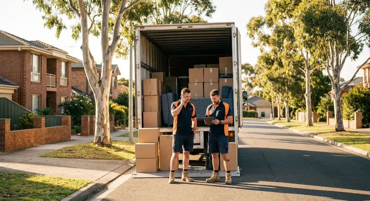 Removalists loading truck on gumtree-lined Australian street, using smartphone and tablet