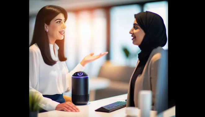 Melbourne realtor interacting with AI voice assistant in a bright, modern office setting
