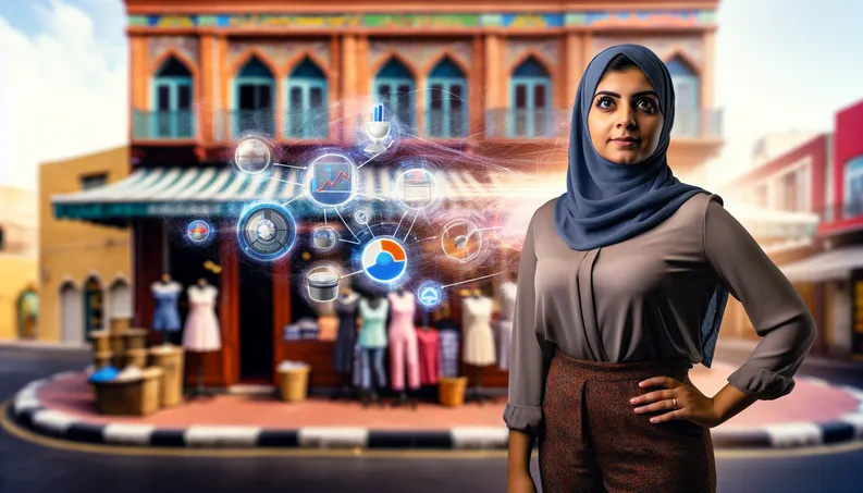 Small business owner in front of shop, with digital graphs and data symbolizing marketing automation.