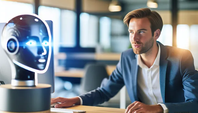 Real estate agent interacting with AI interface in a modern Melbourne office setting.