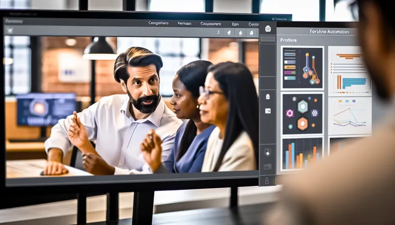Modern office with diverse professionals collaborating, featuring a digital dashboard on workflow automation.