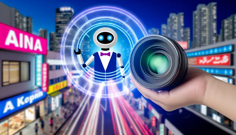 Friendly AI voice agent in a vibrant cityscape promoting marketing automation for local businesses.