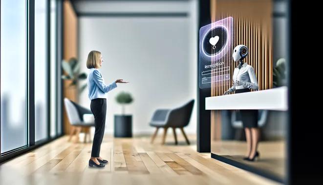 Real estate agent interacting with AI receptionist in a modern Melbourne office