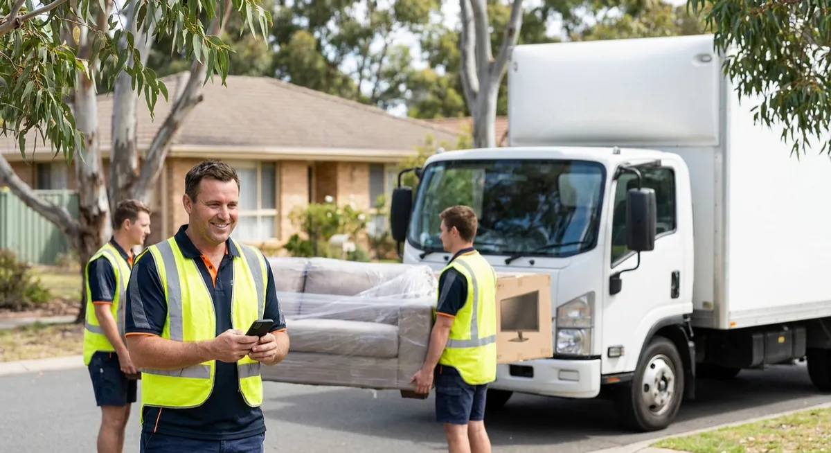 Australian removalists loading a modern truck outside a suburban home, coordinator using smartphone