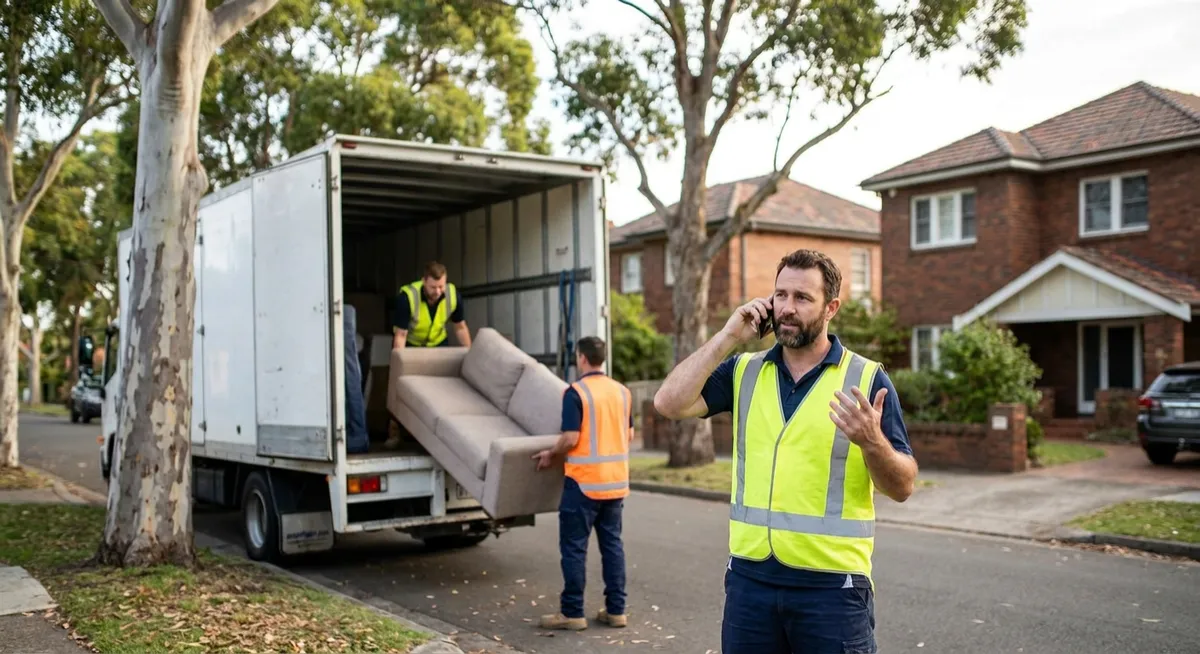Australian removalists loading a moving truck on a suburban street, mover on phone coordinating
