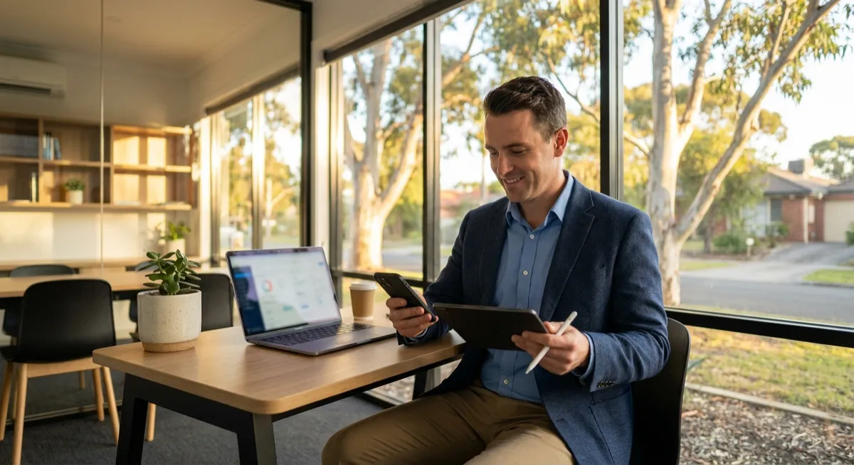 Australian real estate agent in suburban office using smartphone and tablet with blurred CRM