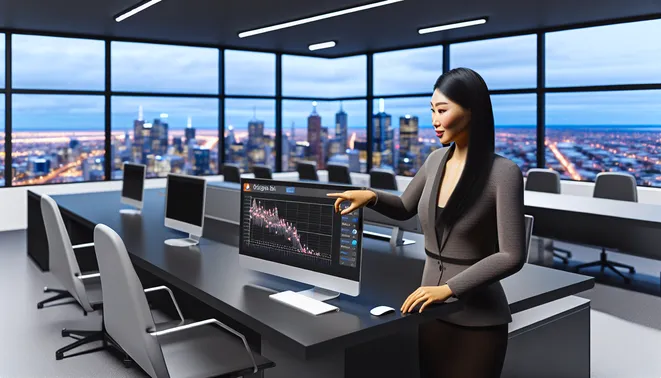 Real estate agent using AI dashboard in a sleek Melbourne office with city skyline view.