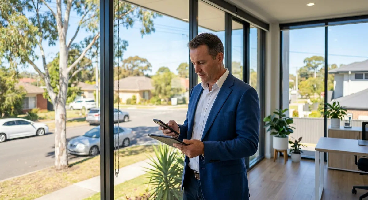 Australian real estate agent checking missed calls on phone and tablet in sunlit office