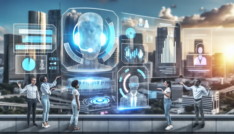 futuristic CRM interface with AI voice agent, diverse users engaging, and dynamic cityscape backdrop