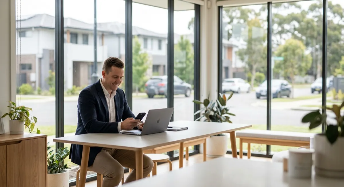 Friendly real estate agent in modern Australian office managing leads on smartphone and laptop
