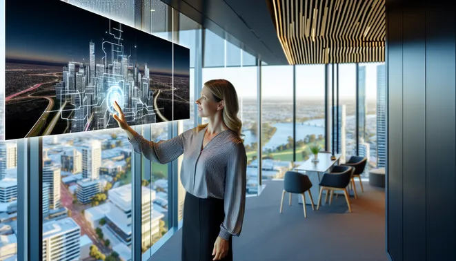 Real estate agent interacts with AI interface in modern Melbourne office with city views.