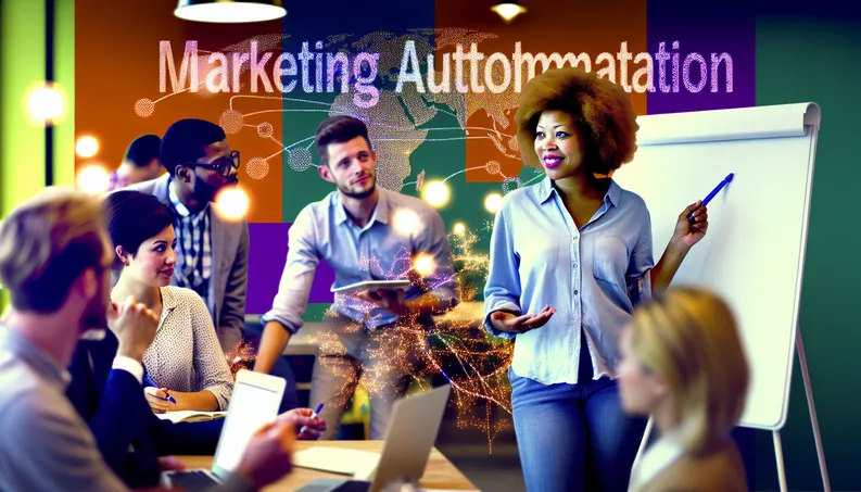 Diverse entrepreneurs brainstorm in a vibrant workspace, symbolizing growth through marketing automation.