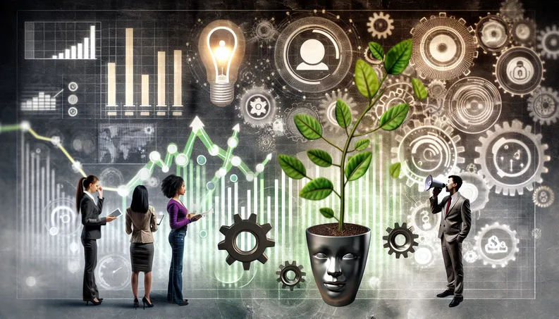 engaging cover for "Unlocking Small Business Growth" featuring tech, growth symbols, and diverse people