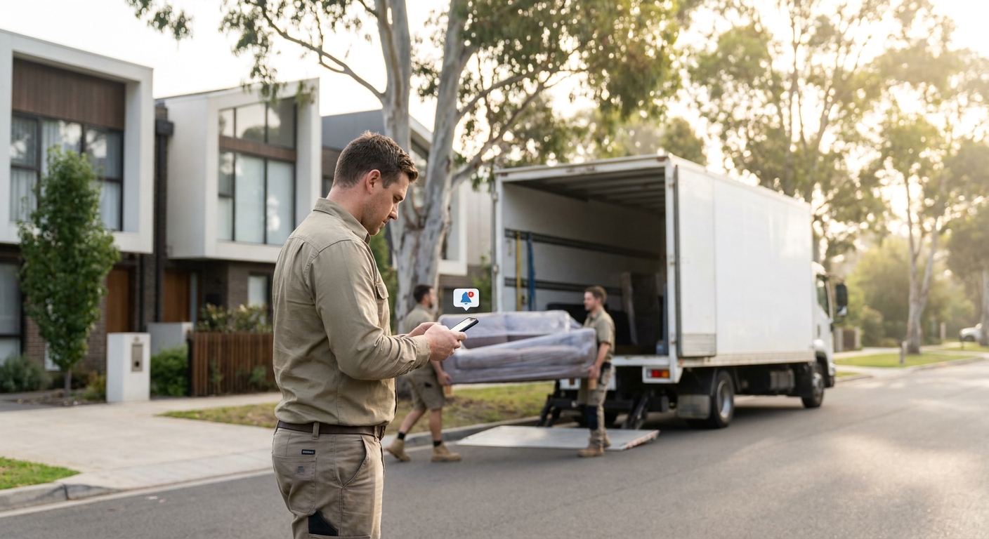 Removalists loading truck on suburban street; mover checks smartphone with missed call alert