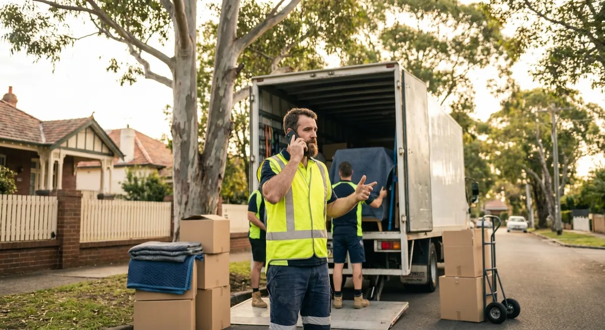 Australian removalists loading truck on eucalyptus-lined street, mover on smartphone mid-call