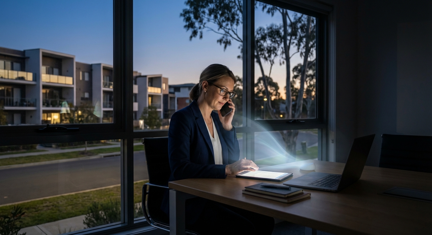 Australian property manager after-hours on phone and tablet, subtle AI receptionist glow