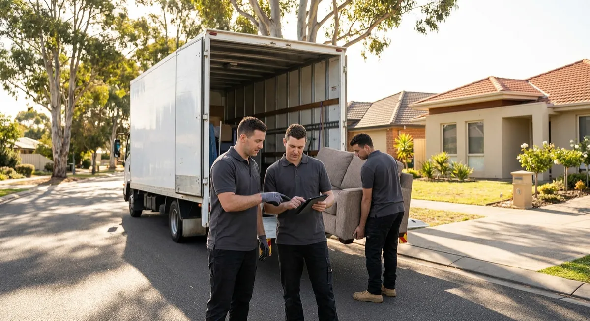 Removalists and property managers coordinating via smartphone and tablet while loading moving truck