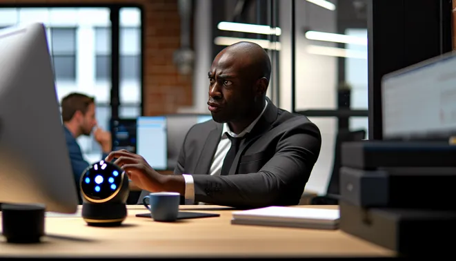 Real estate agent in Melbourne using AI voice assistant in a modern, tech-savvy office