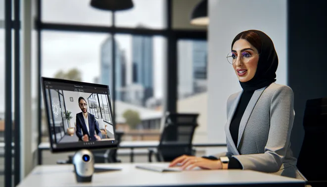 Real estate agent in Melbourne using AI tool for virtual meeting in modern office