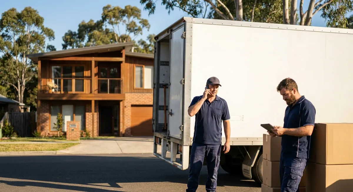 Australian removalists loading a moving truck on suburban street; mover calls property manager