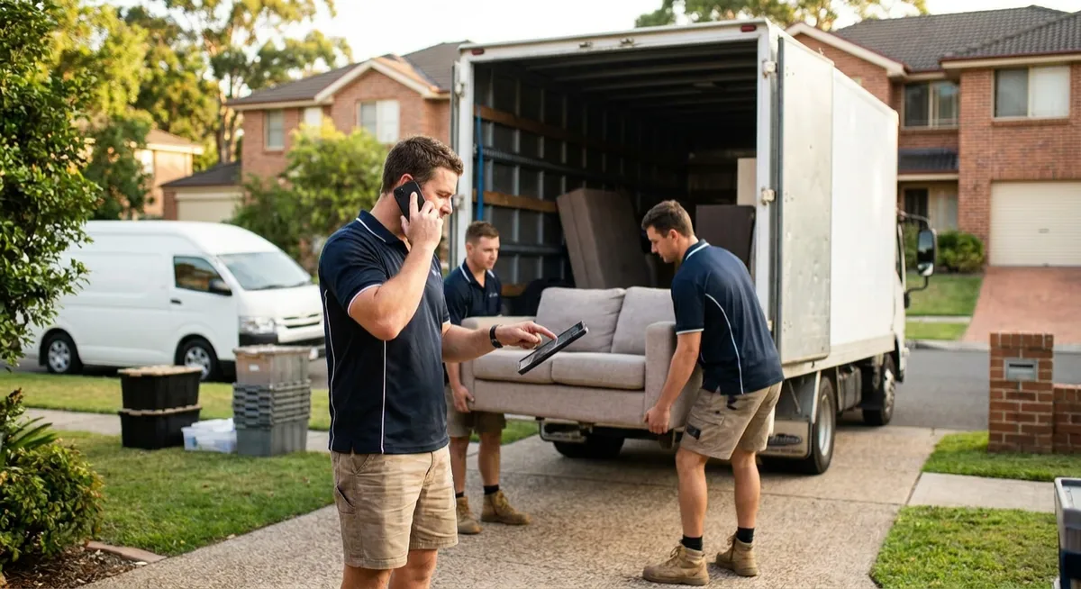 Australian removalists loading truck in sunny driveway; mover uses smartphone to update inventory