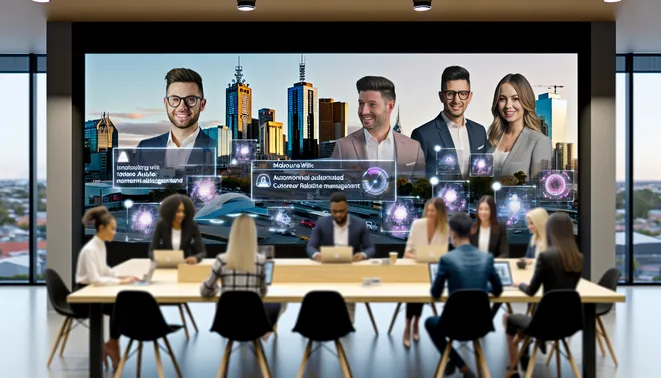Melbourne real estate team using AI tools in modern office with automated CRM dashboards.