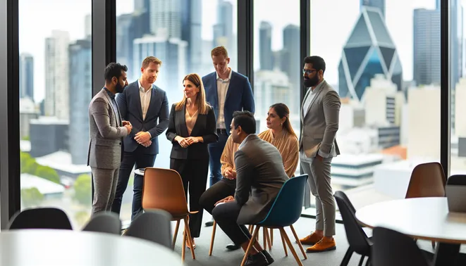 Melbourne team collaborating in modern office with advanced CRM automation technology